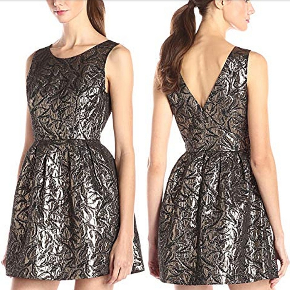 Jack by BB Dakota Metallic Black and Gold Pleated Dress